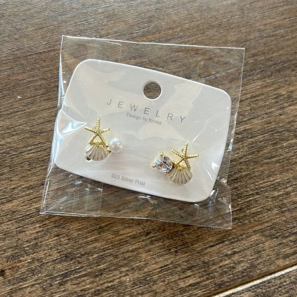 Starfish Shell Alloy Enamel Inlay Artificial Pearl Rhinestones Women's Ear Studs - Picture 3 of 4